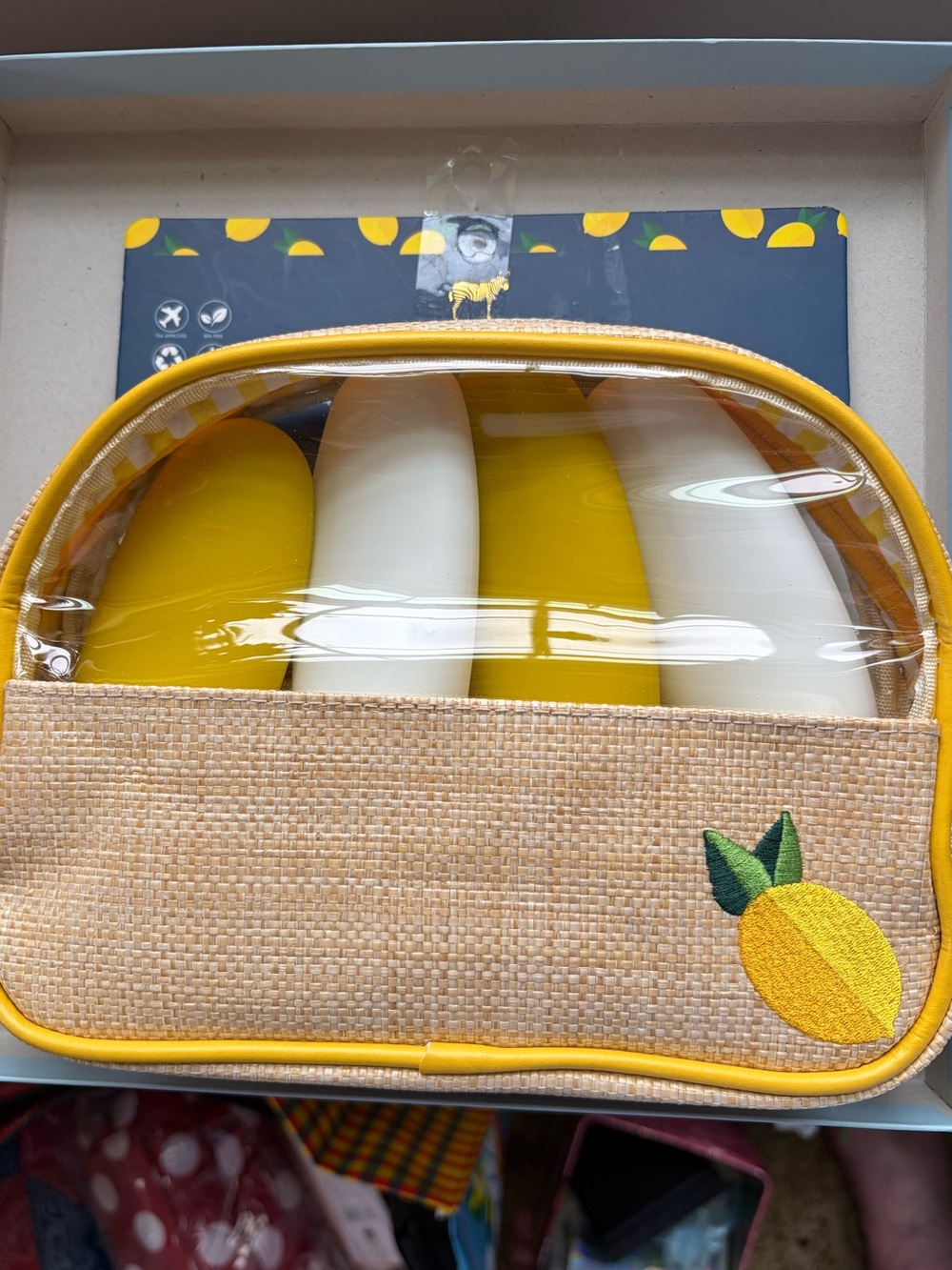 NWT Dabney Lee Travel Bag w/ Lemon Accent & 4 TSA Approved Toiletry Bottles